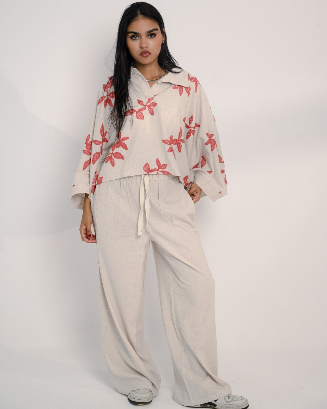 Oversized Linen Set with Leaf Embroidery - Red Shirt & Plain Pants