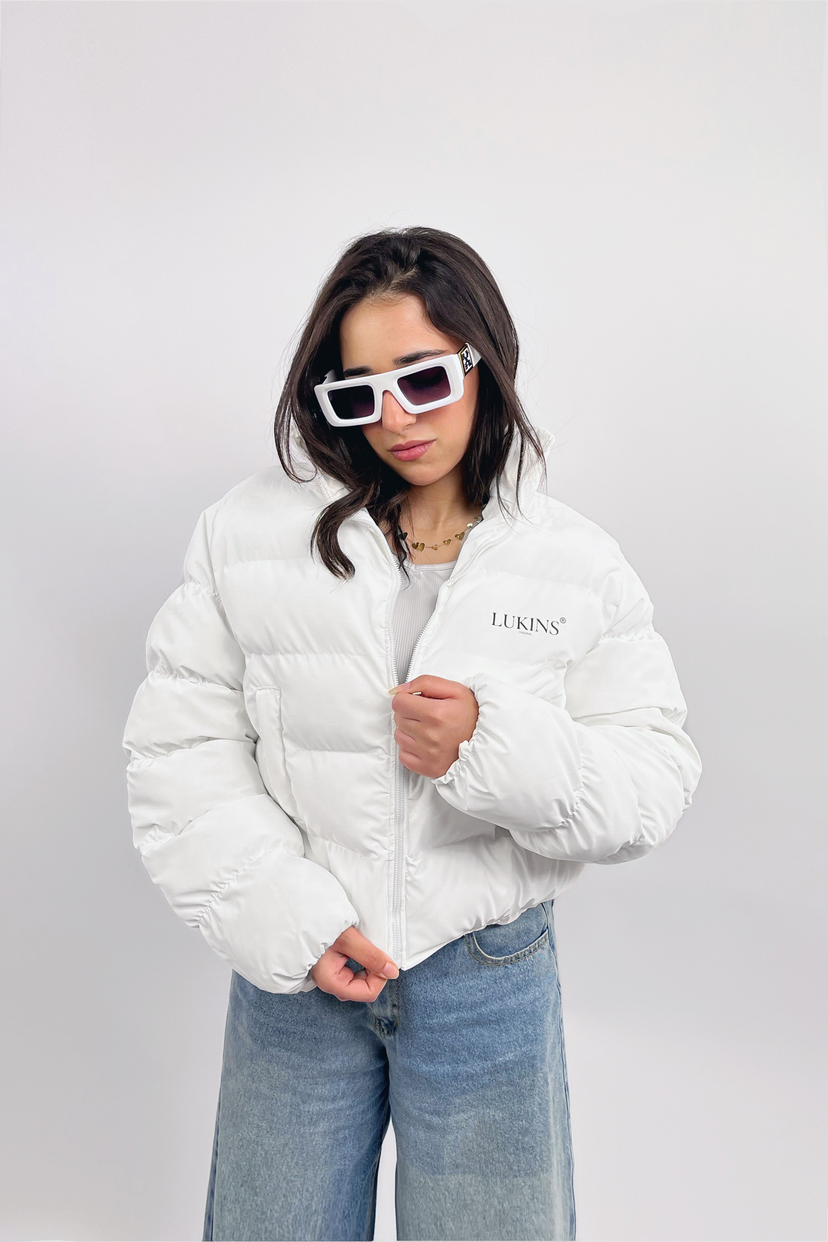 Cropped Puffer Jacket in White Waterproof