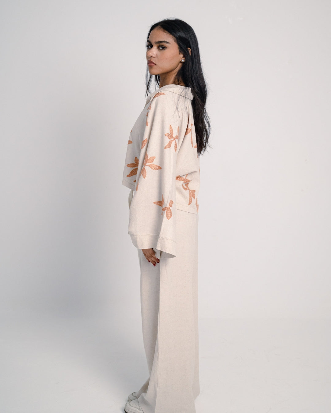 Oversized Linen Set with Leaf Embroidery - Orang Shirt & Plain Pants