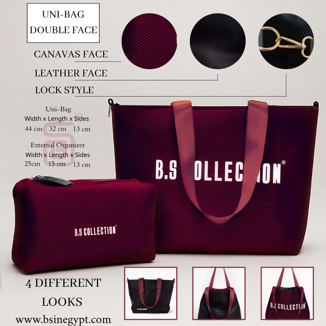 Uni-bag Tote Bag for Women in Double-Face Leather and Fabric Lightweight, Elegant & Practical for Work and University - Burgundy