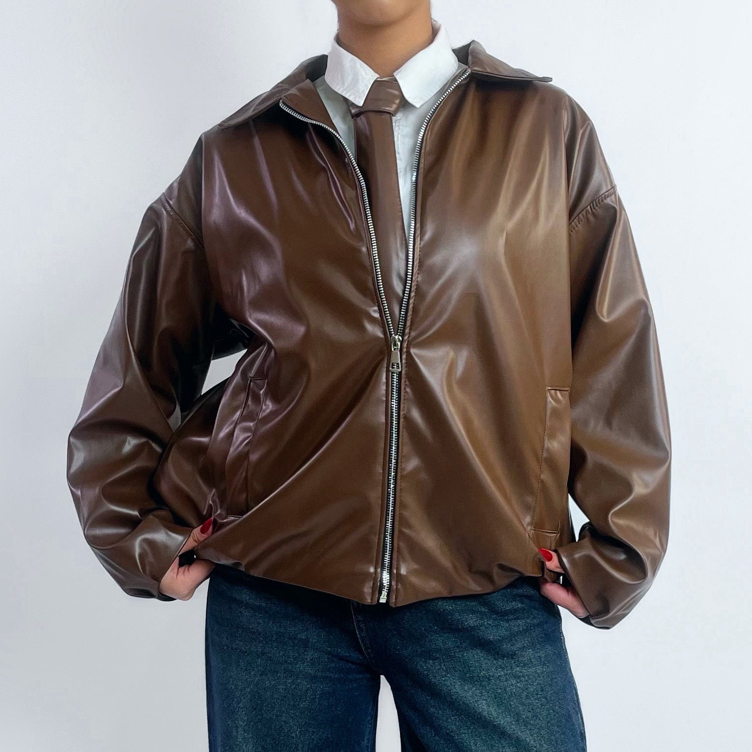 Oversized Brown Leather Jacket with Classic Tie