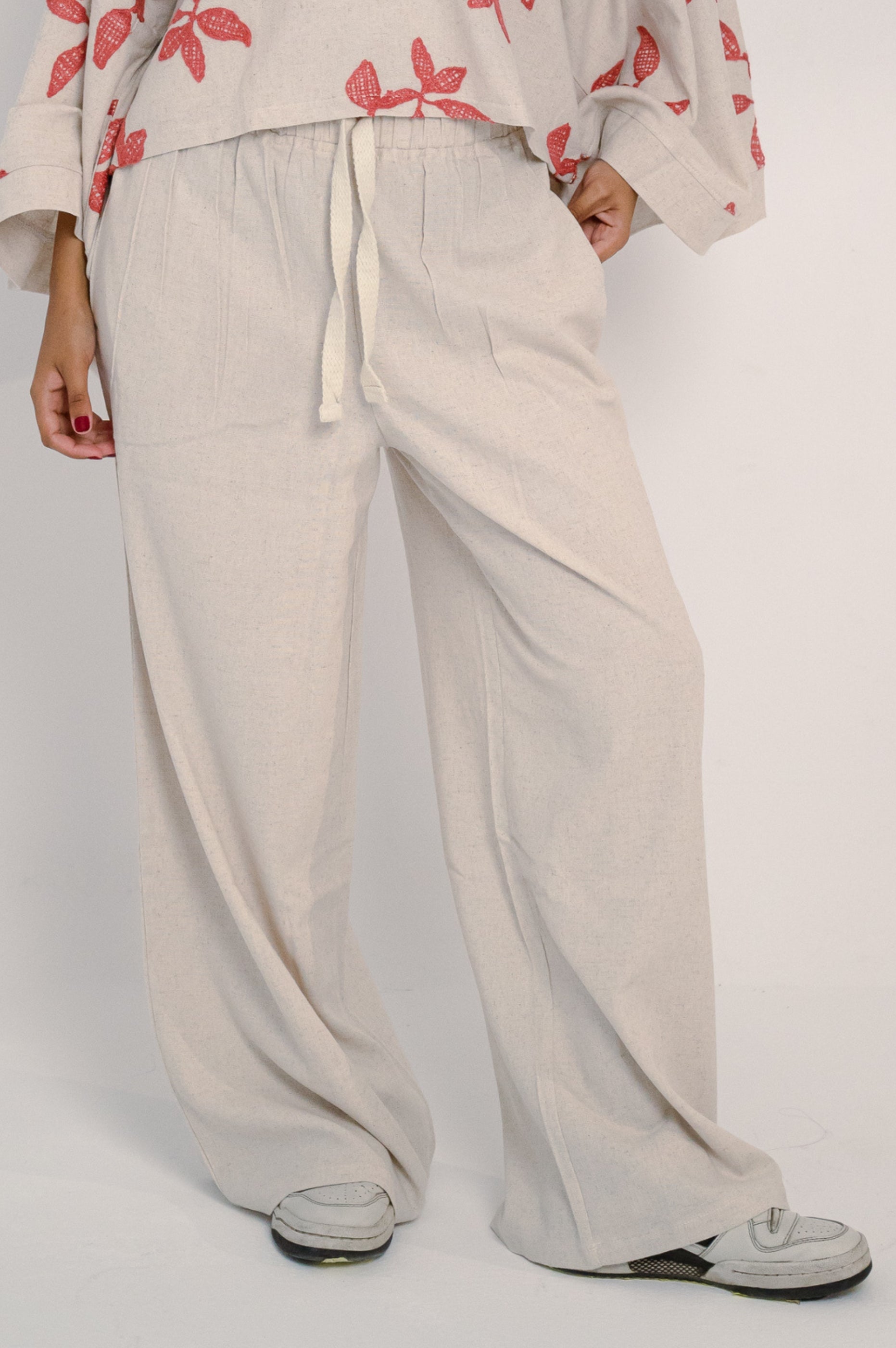Oversized Plain Linen Pants - Beige