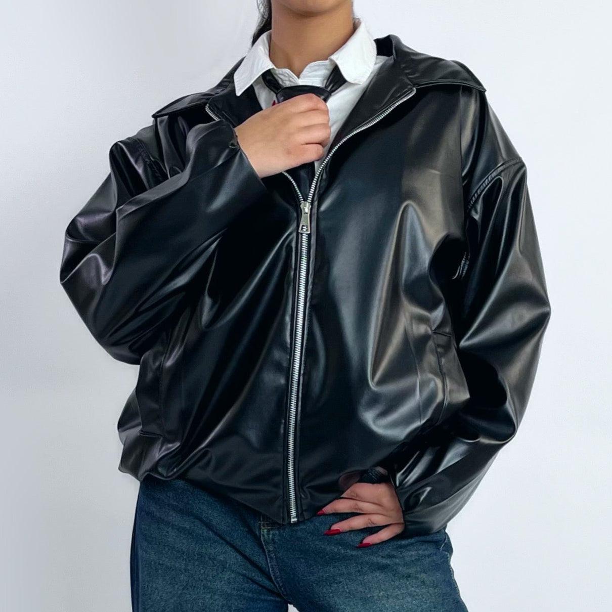 Oversized Black Leather Jacket with Classic Tie