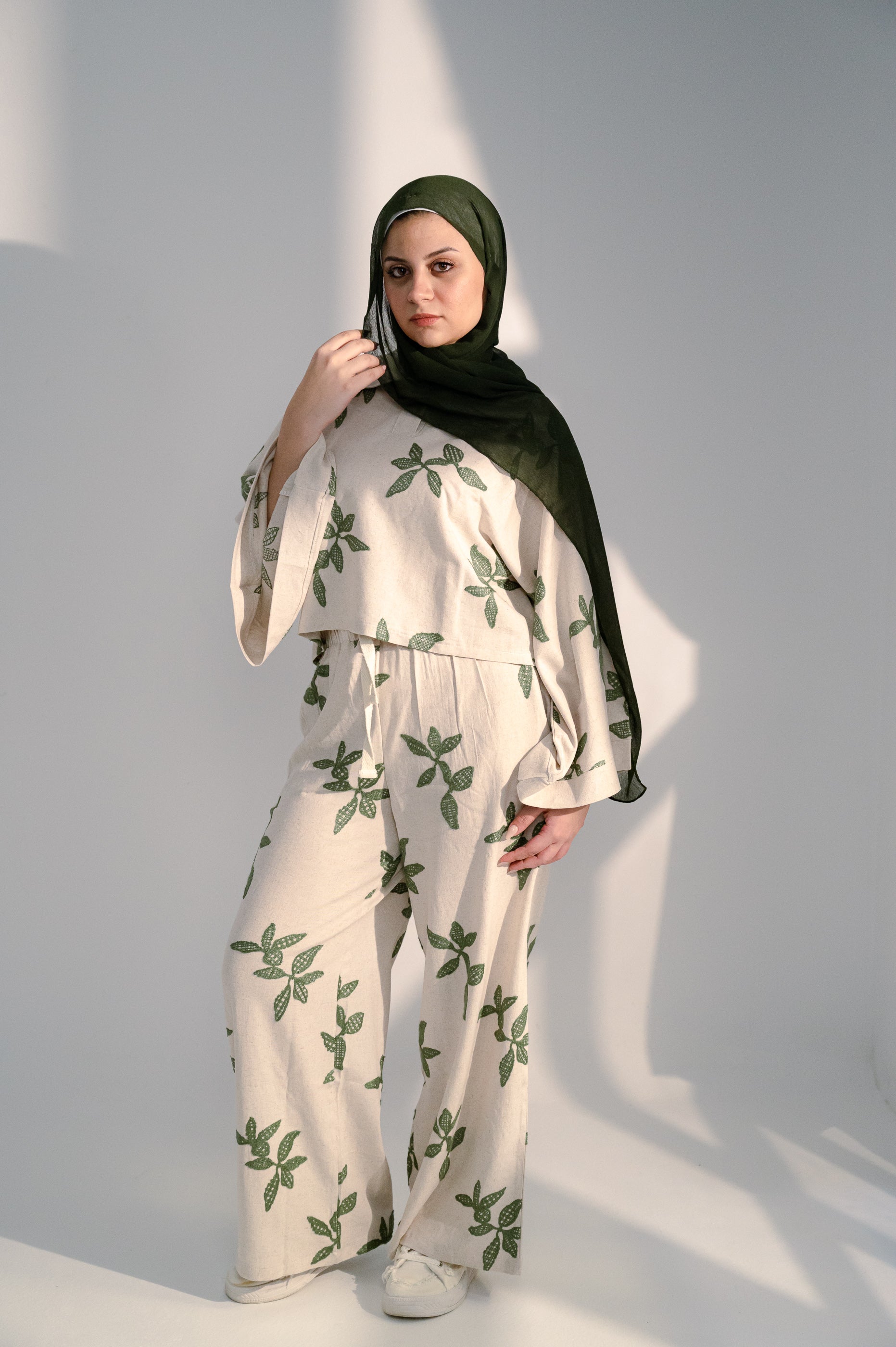 Oversized Linen Set with Leaf Embroidery - Green Shirt & Pants