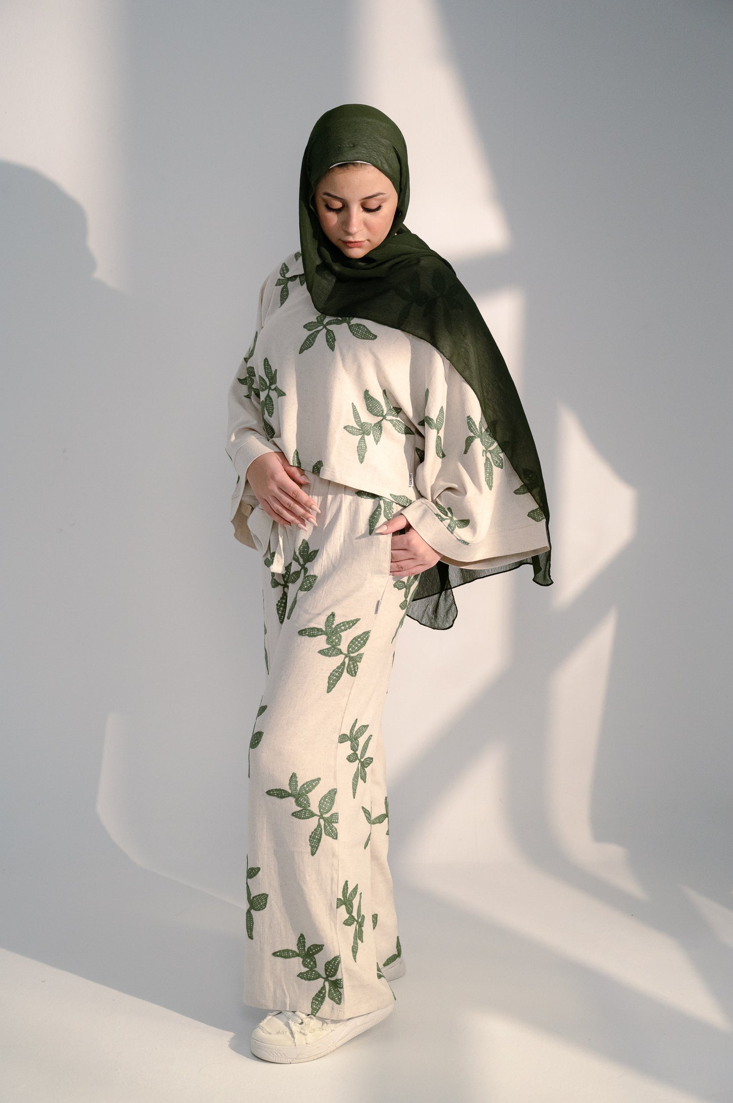 Oversized Linen Set with Leaf Embroidery - Green Shirt & Pants