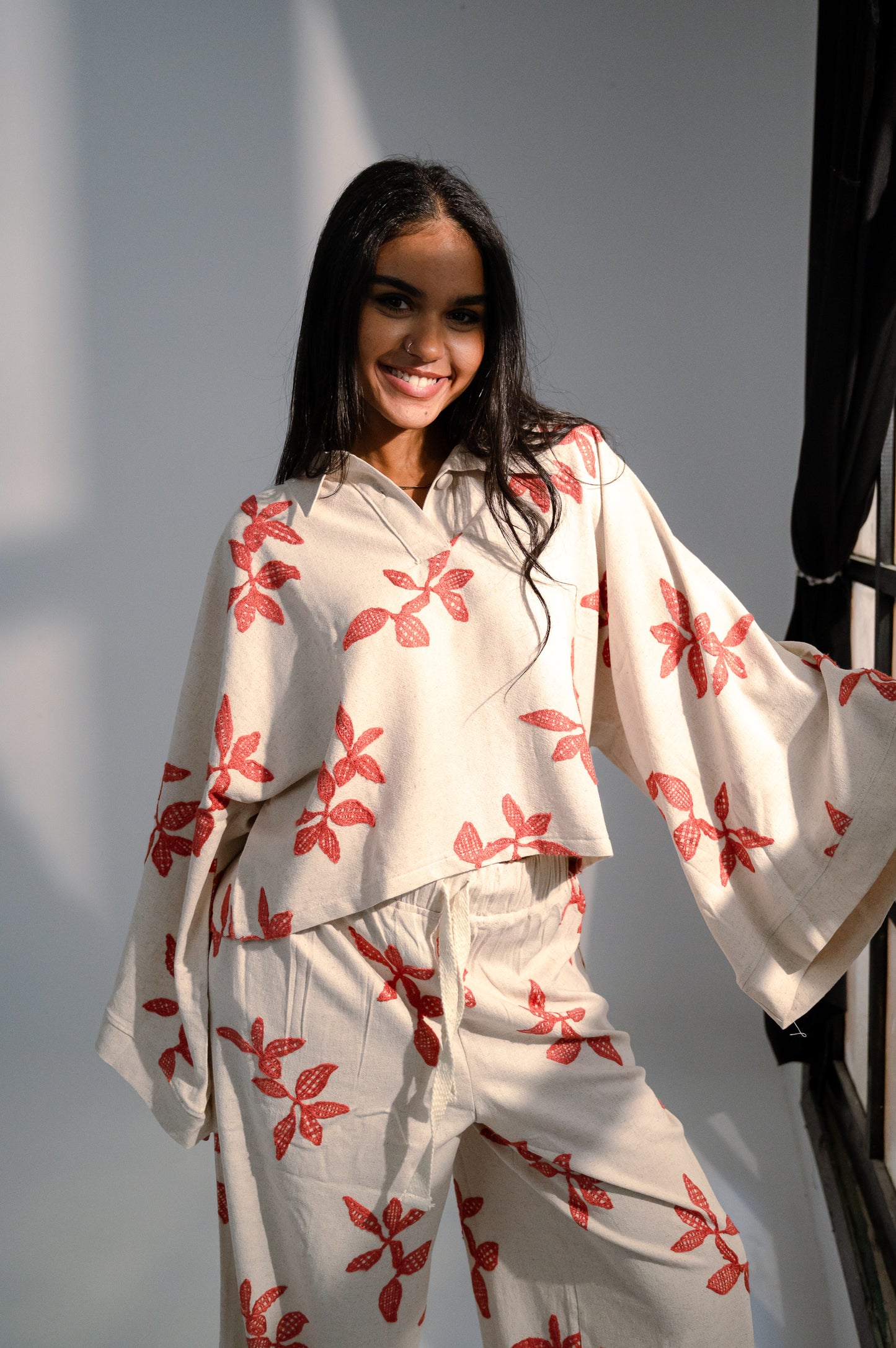 Oversized Linen Set with Leaf Embroidery - Red Shirt & Pants