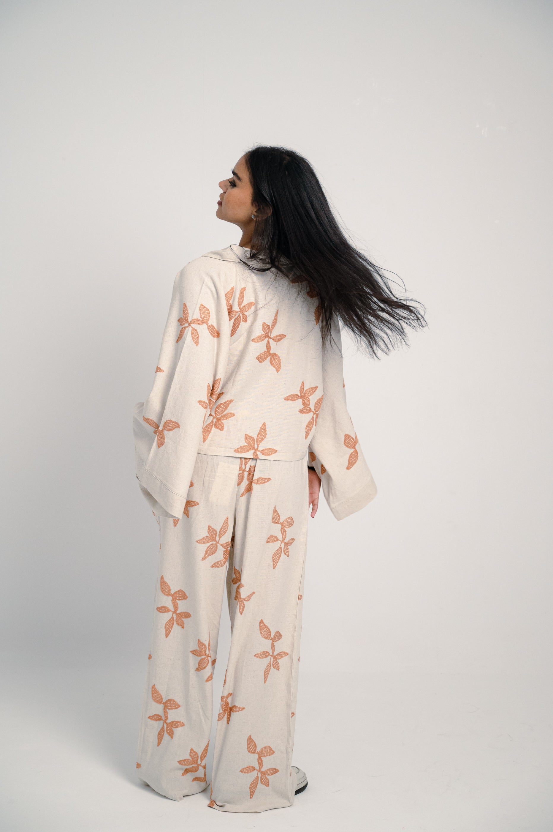 Oversized Linen Set with Leaf Embroidery - Orang Shirt & Pants