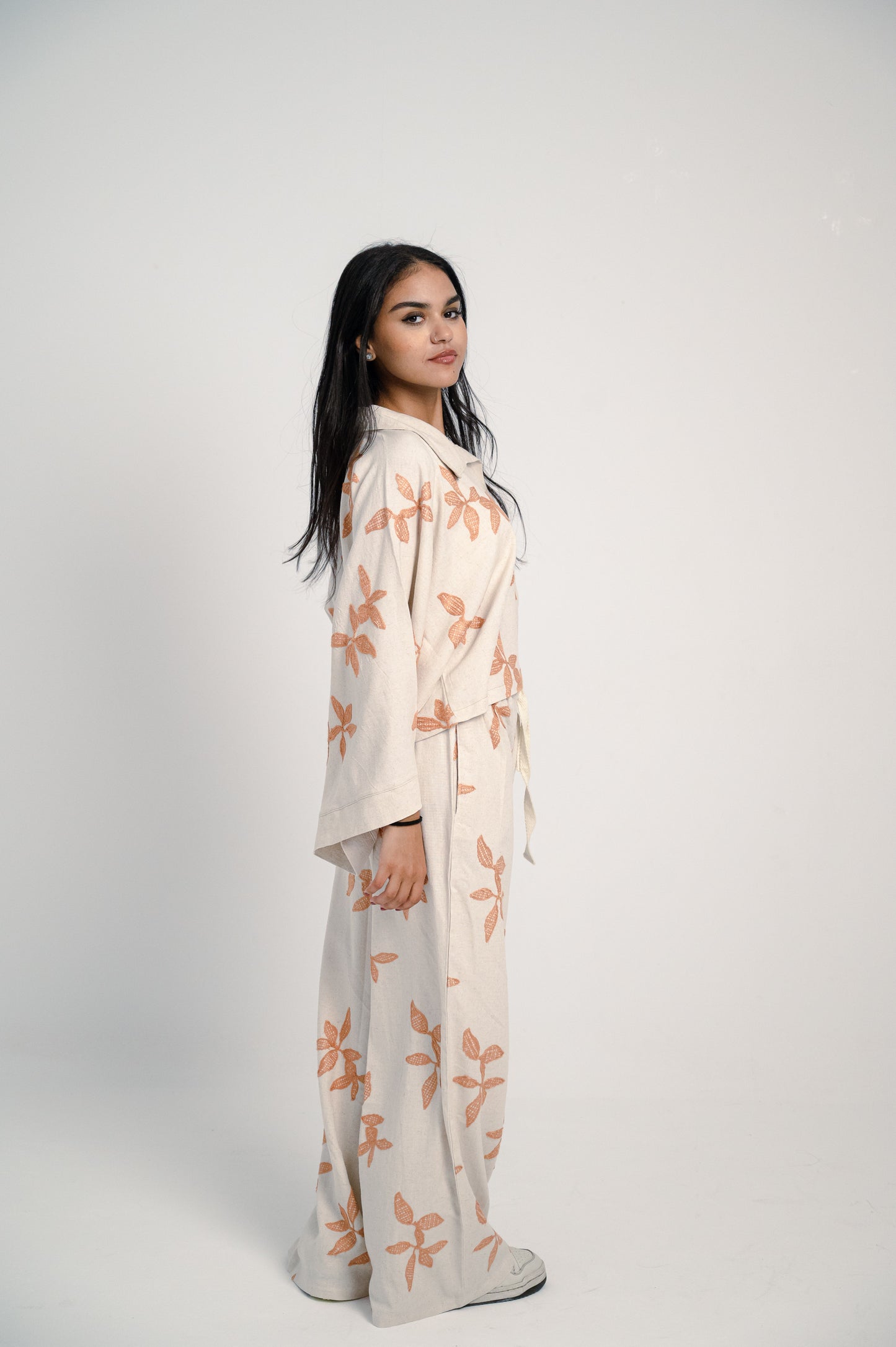 Oversized Linen Set with Leaf Embroidery - Orang Shirt & Pants