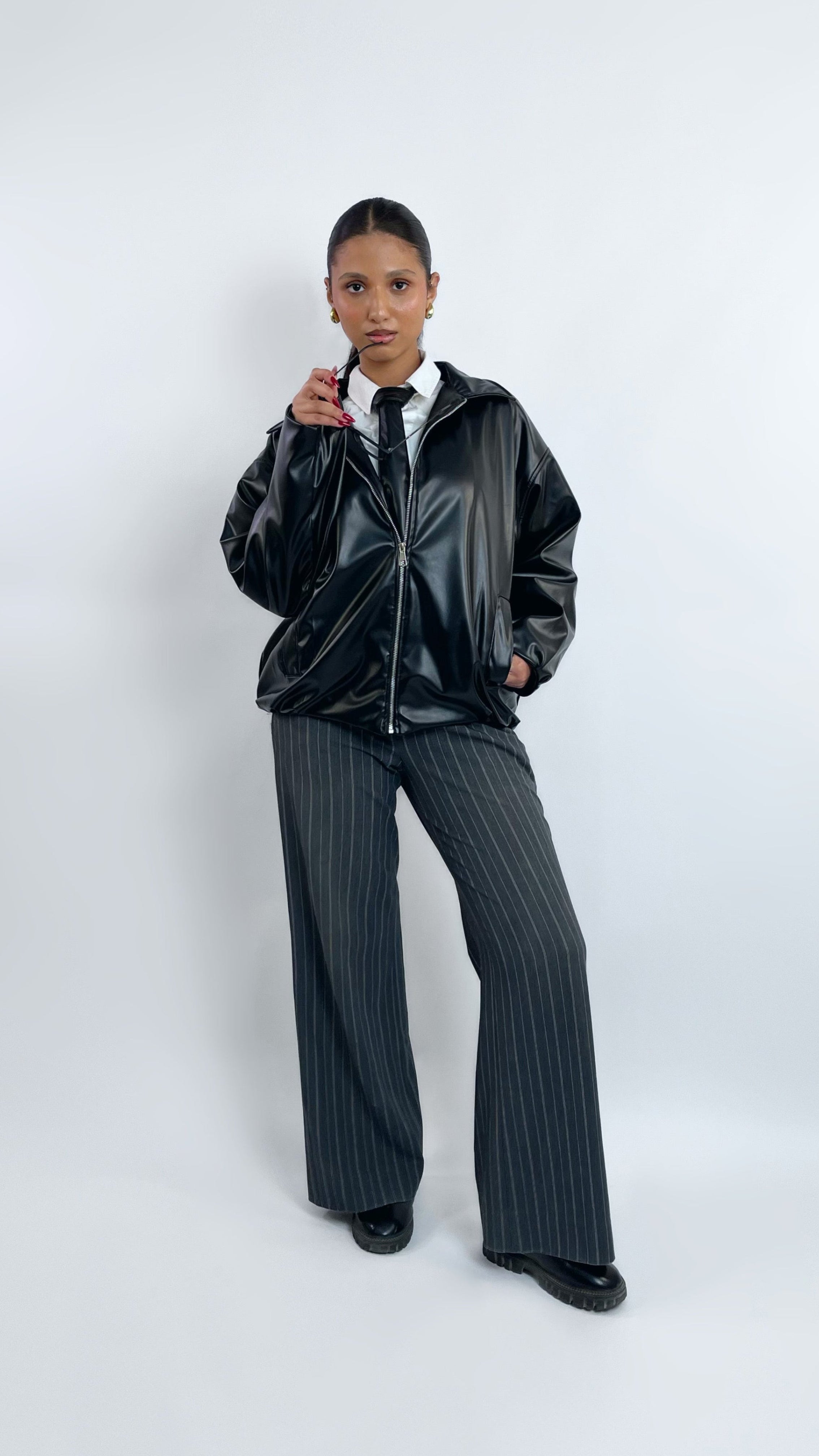 Oversized Black Leather Jacket with Classic Tie