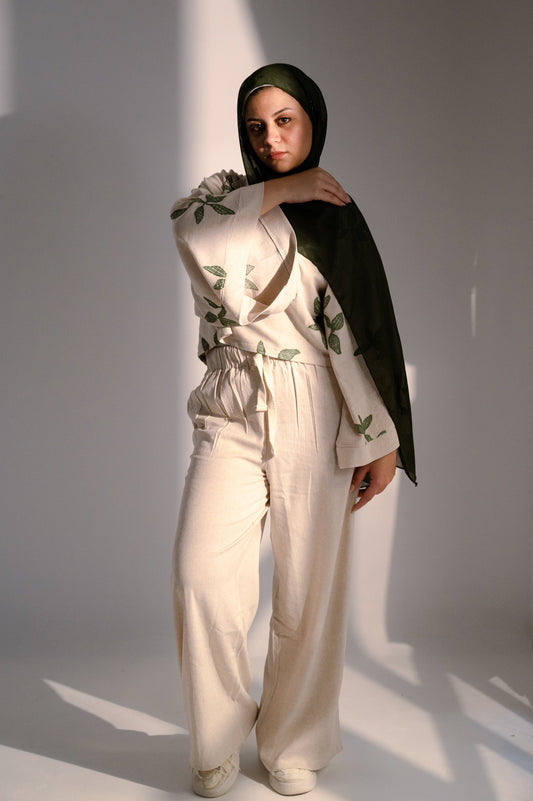 Oversized Linen Set with Leaf Embroidery - Green Shirt & Plain Pants