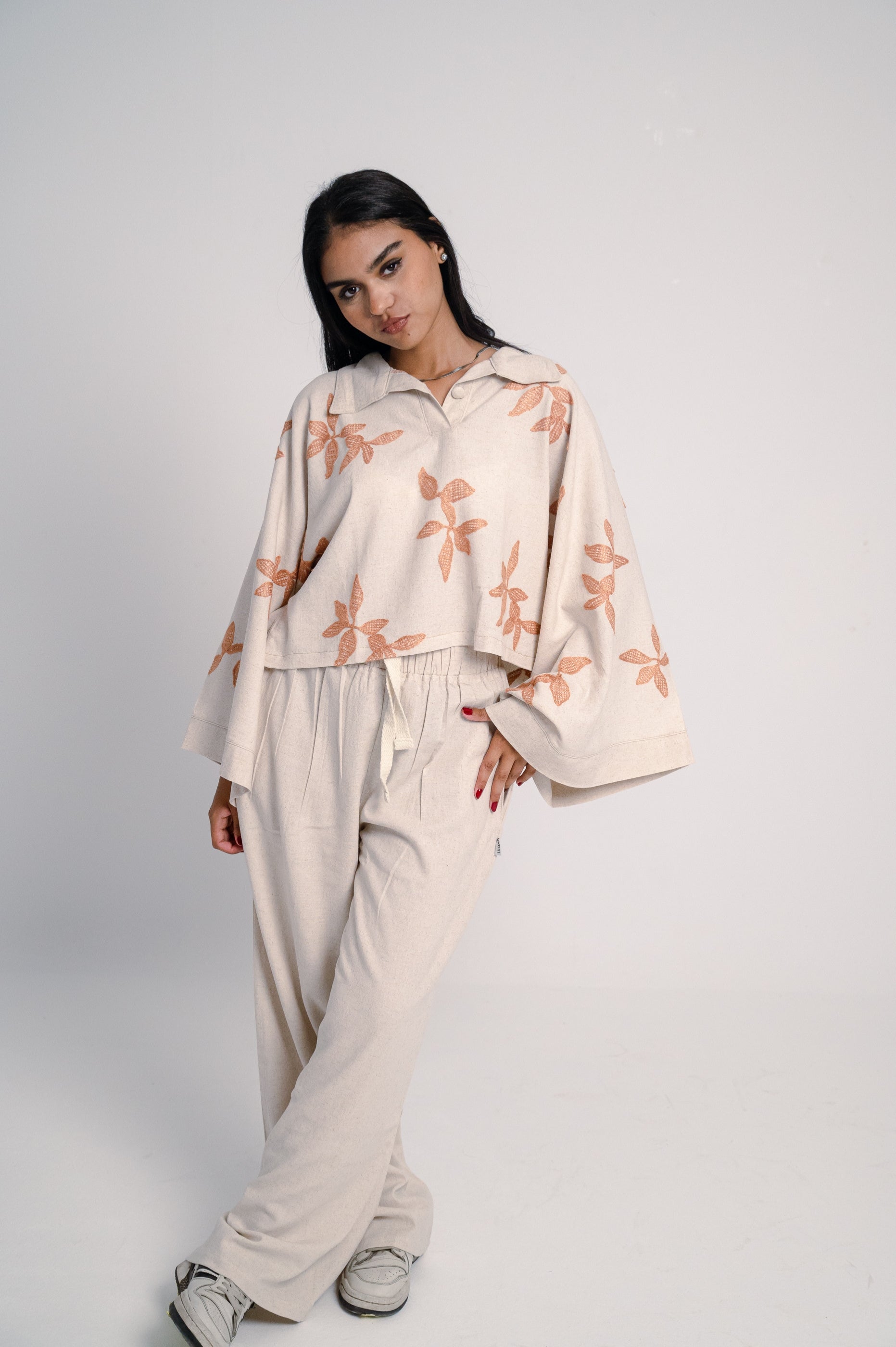 Oversized Linen Set with Leaf Embroidery - Orang Shirt & Plain Pants