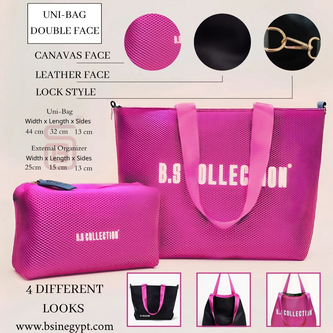 Uni-bag Tote Bag for Women in Double-Face Leather and Fabric Lightweight, Elegant & Practical for Work and University - Pink