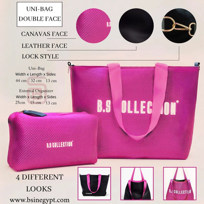 Uni-bag Tote Bag for Women in Double-Face Leather and Fabric Lightweight, Elegant & Practical for Work and University - Pink