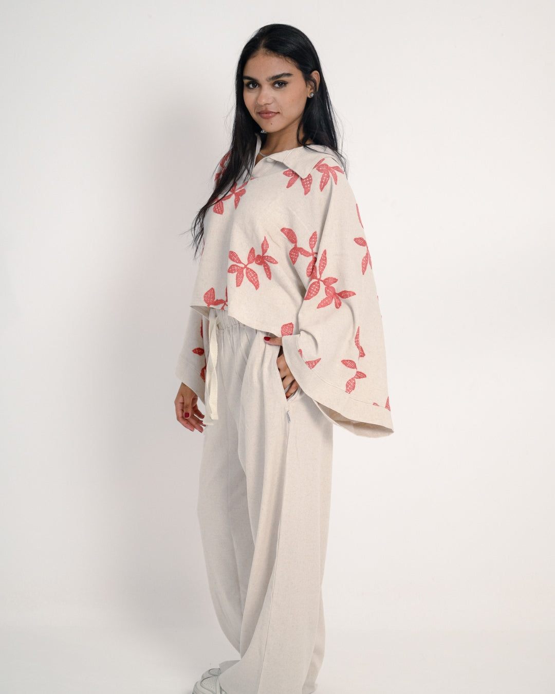 Oversized Linen Set with Leaf Embroidery - Red Shirt & Plain Pants