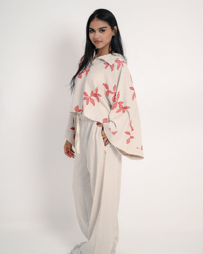 Oversized Linen Set with Leaf Embroidery - Red Shirt & Plain Pants