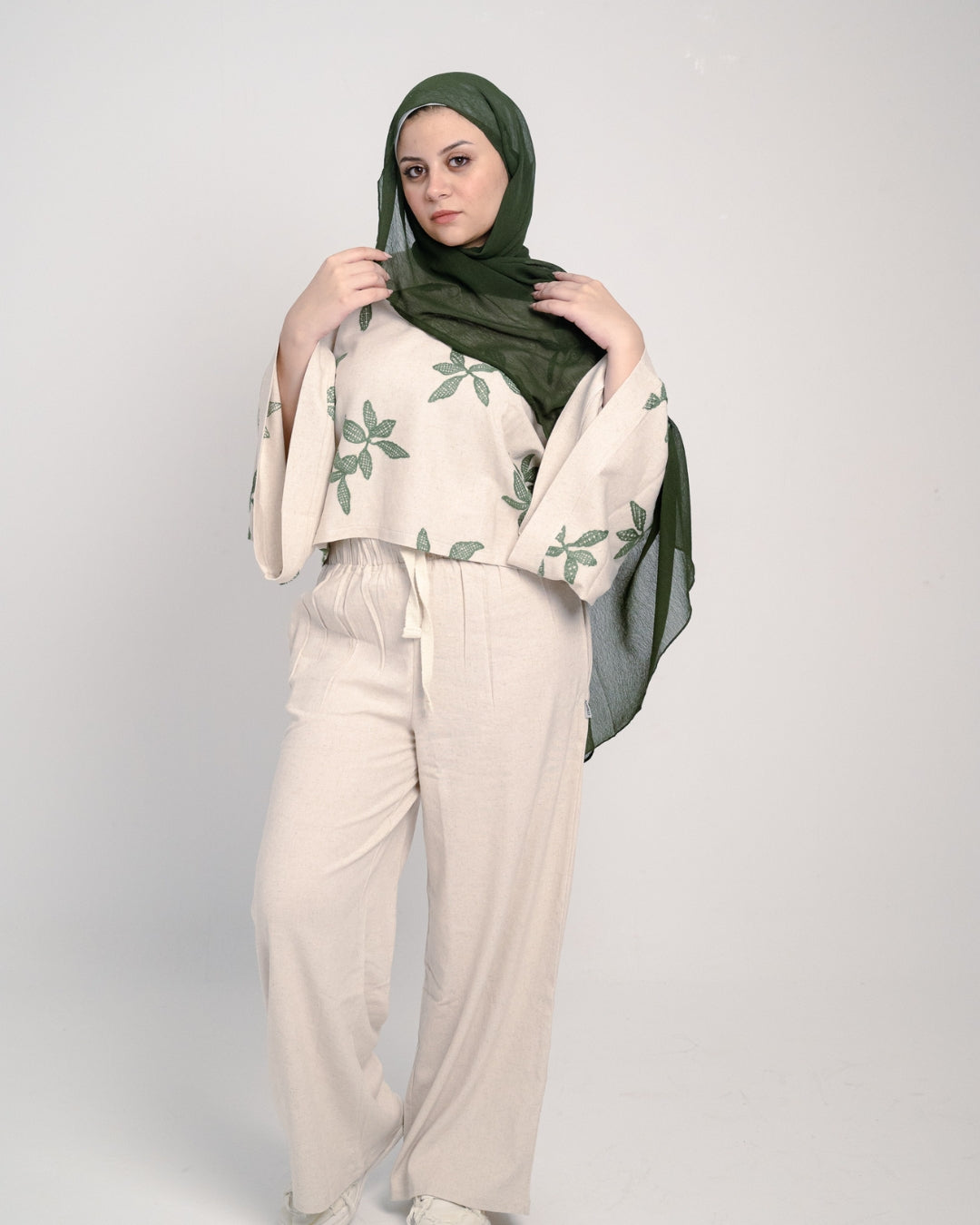 Oversized Linen Set with Leaf Embroidery - Green Shirt & Plain Pants