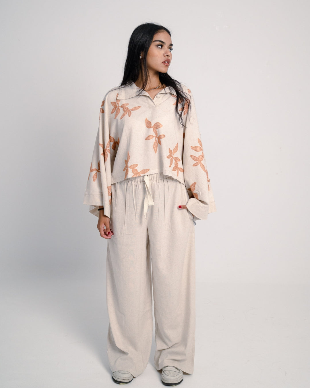 Oversized Linen Set with Leaf Embroidery - Orang Shirt & Plain Pants