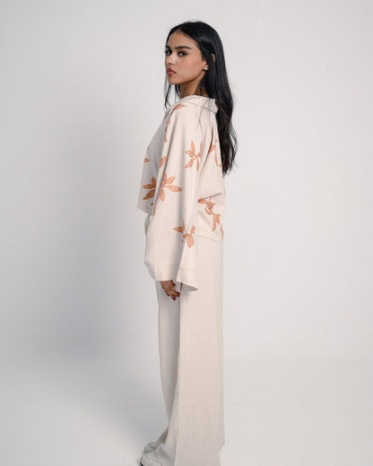 Oversized Linen Set with Leaf Embroidery - Orang Shirt & Plain Pants