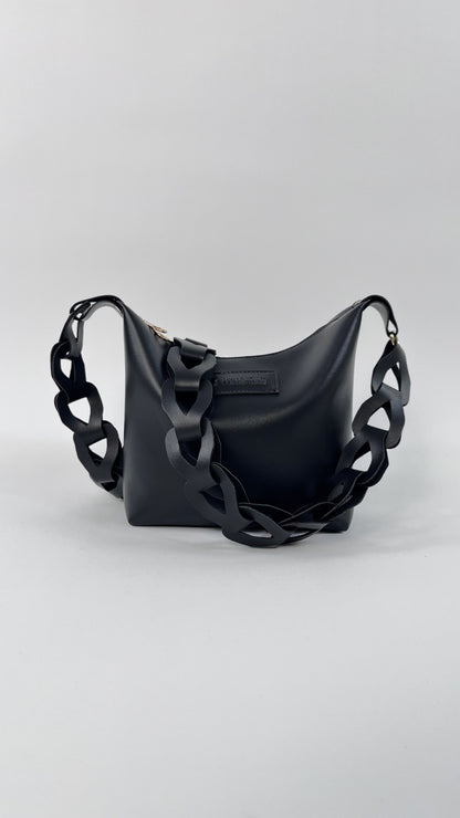 Women’s Black Shoulder Bag with Bold Chain