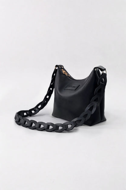 Women’s Black Shoulder Bag with Bold Chain