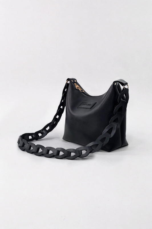 Women’s Black Shoulder Bag with Bold Chain