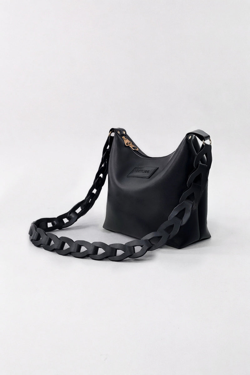 Women’s Black Shoulder Bag with Bold Chain