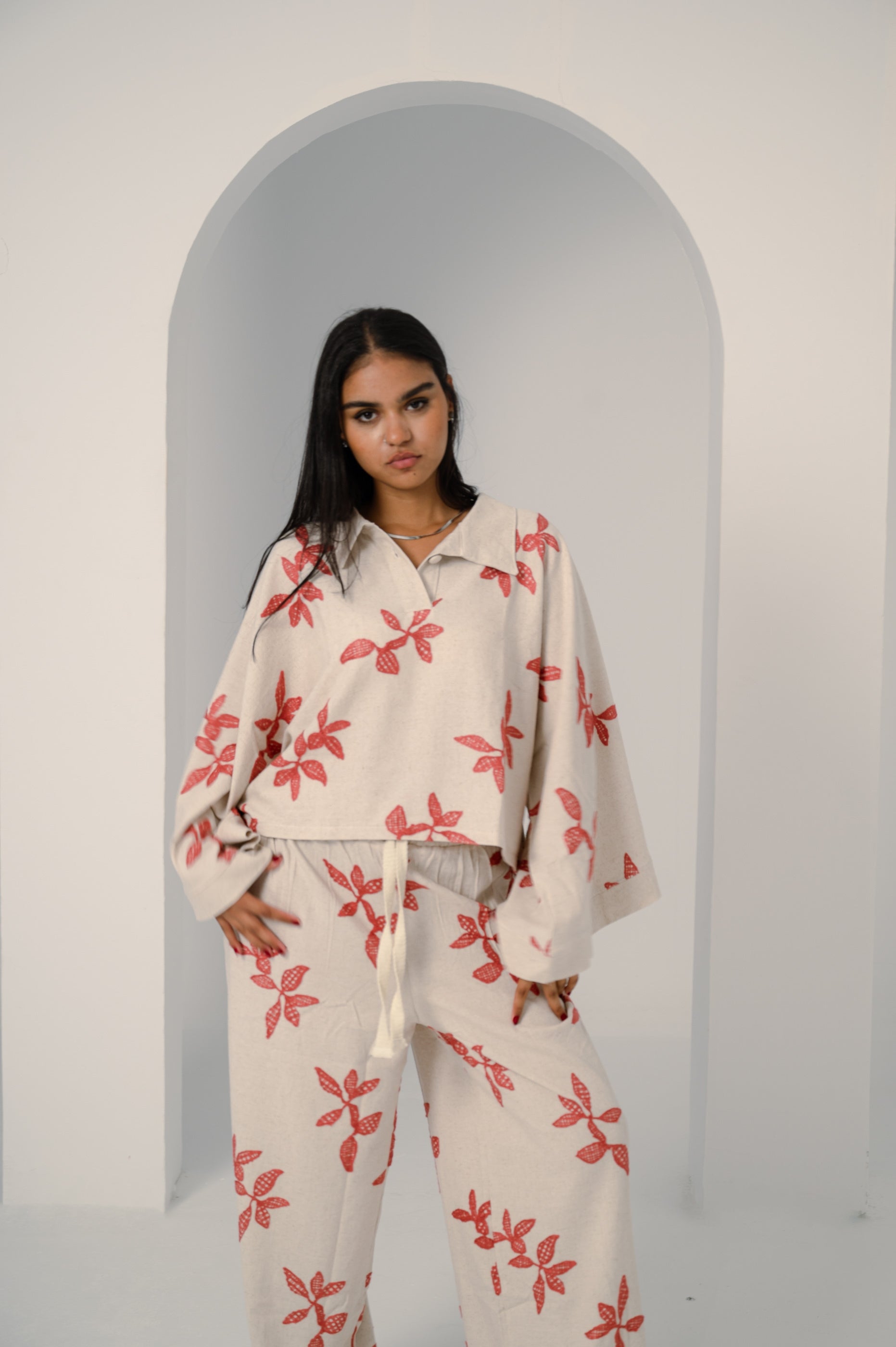 Oversized Linen Set with Leaf Embroidery - Red Shirt & Pants
