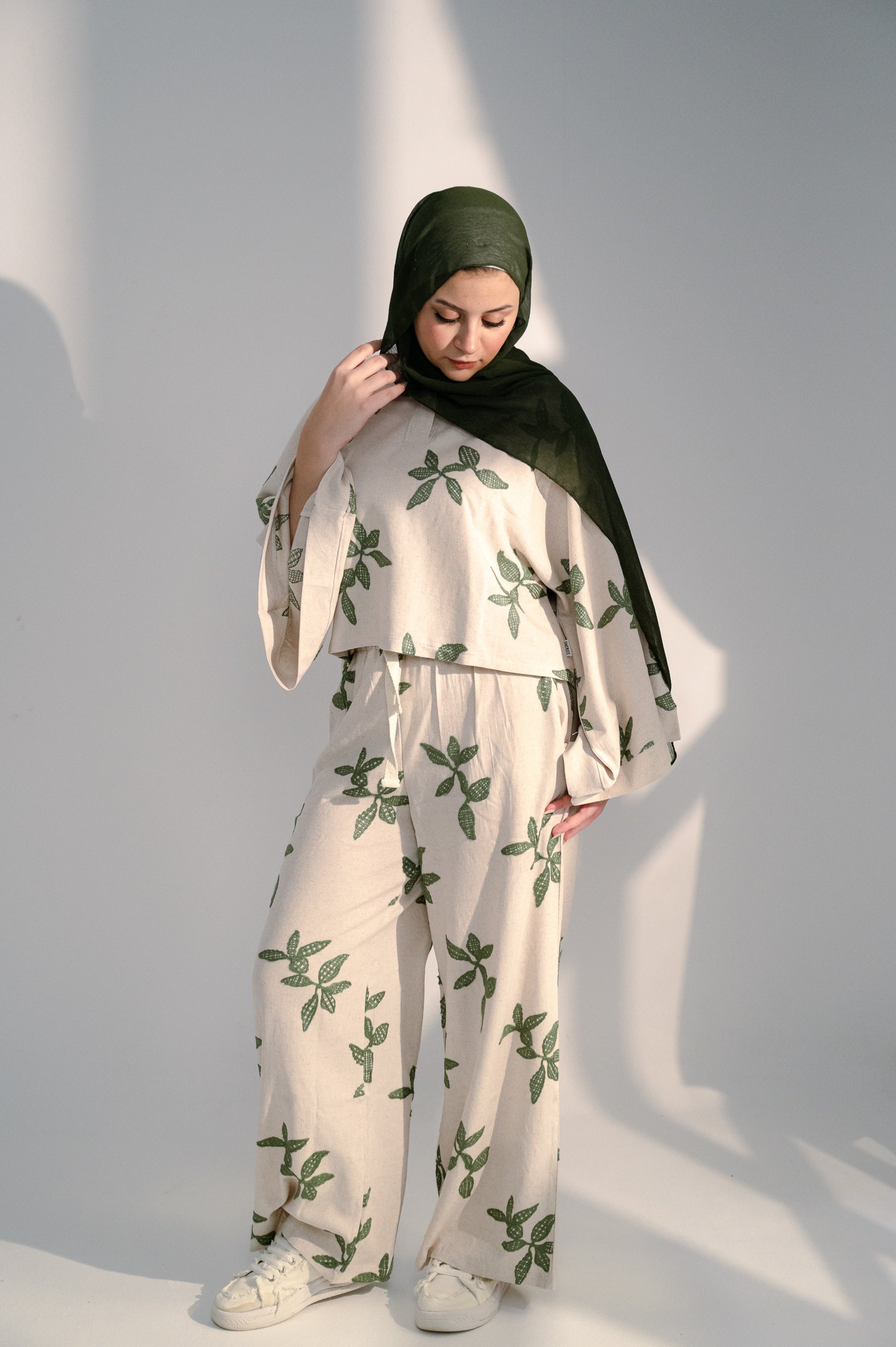 Oversized Linen Set with Leaf Embroidery - Green Shirt & Pants