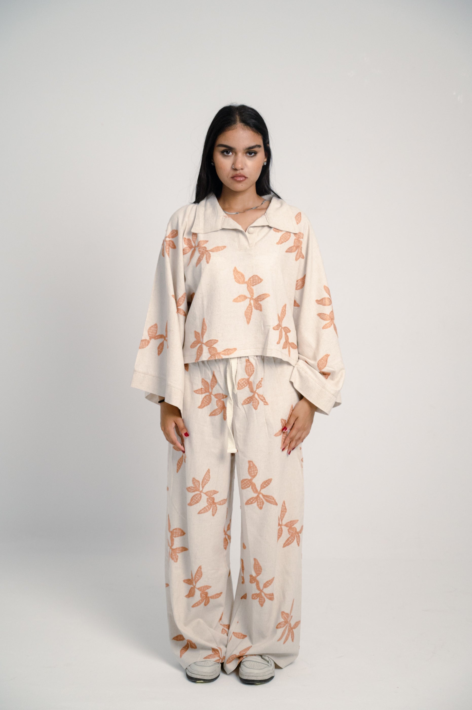 Oversized Linen Set with Leaf Embroidery - Orang Shirt & Pants