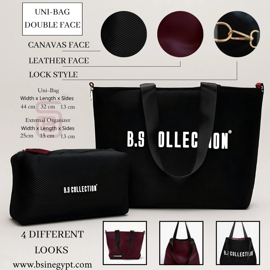 Uni-bag Tote Bag for Women in Double-Face Leather and Fabric Lightweight, Elegant & Practical for Work and University - Black