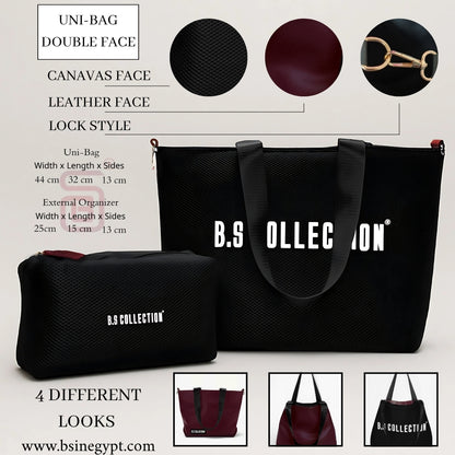 Uni-bag Tote Bag for Women in Double-Face Leather and Fabric Lightweight, Elegant & Practical for Work and University - Black