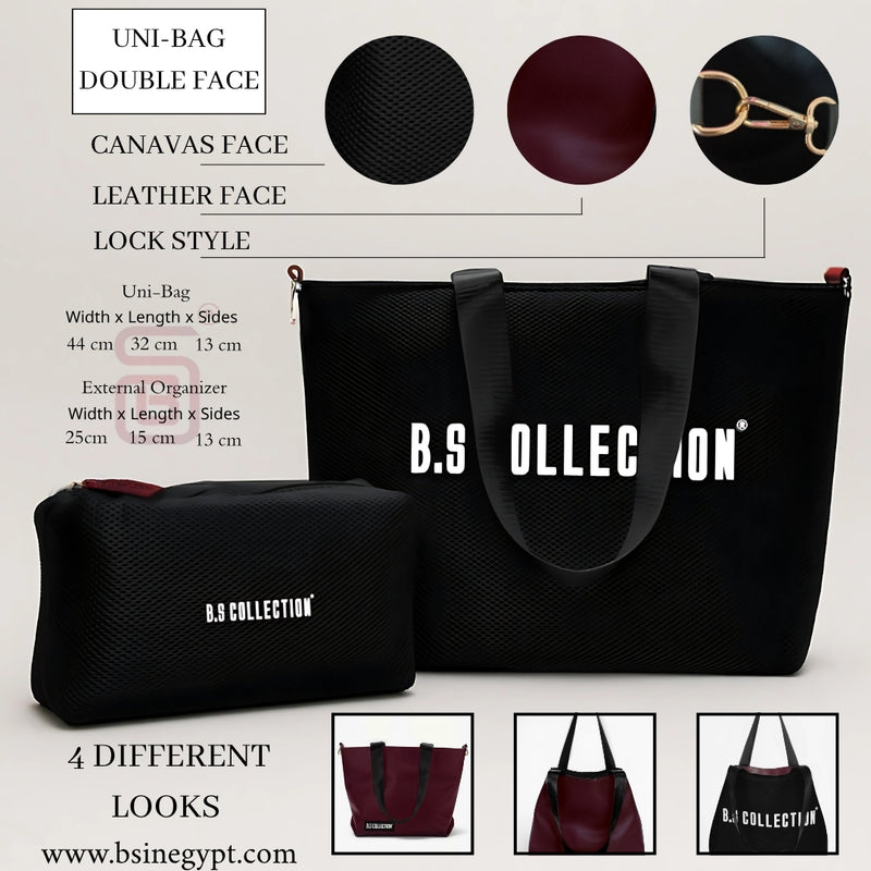 Uni-bag Tote Bag for Women in Double-Face Leather and Fabric Lightweight, Elegant & Practical for Work and University - Black