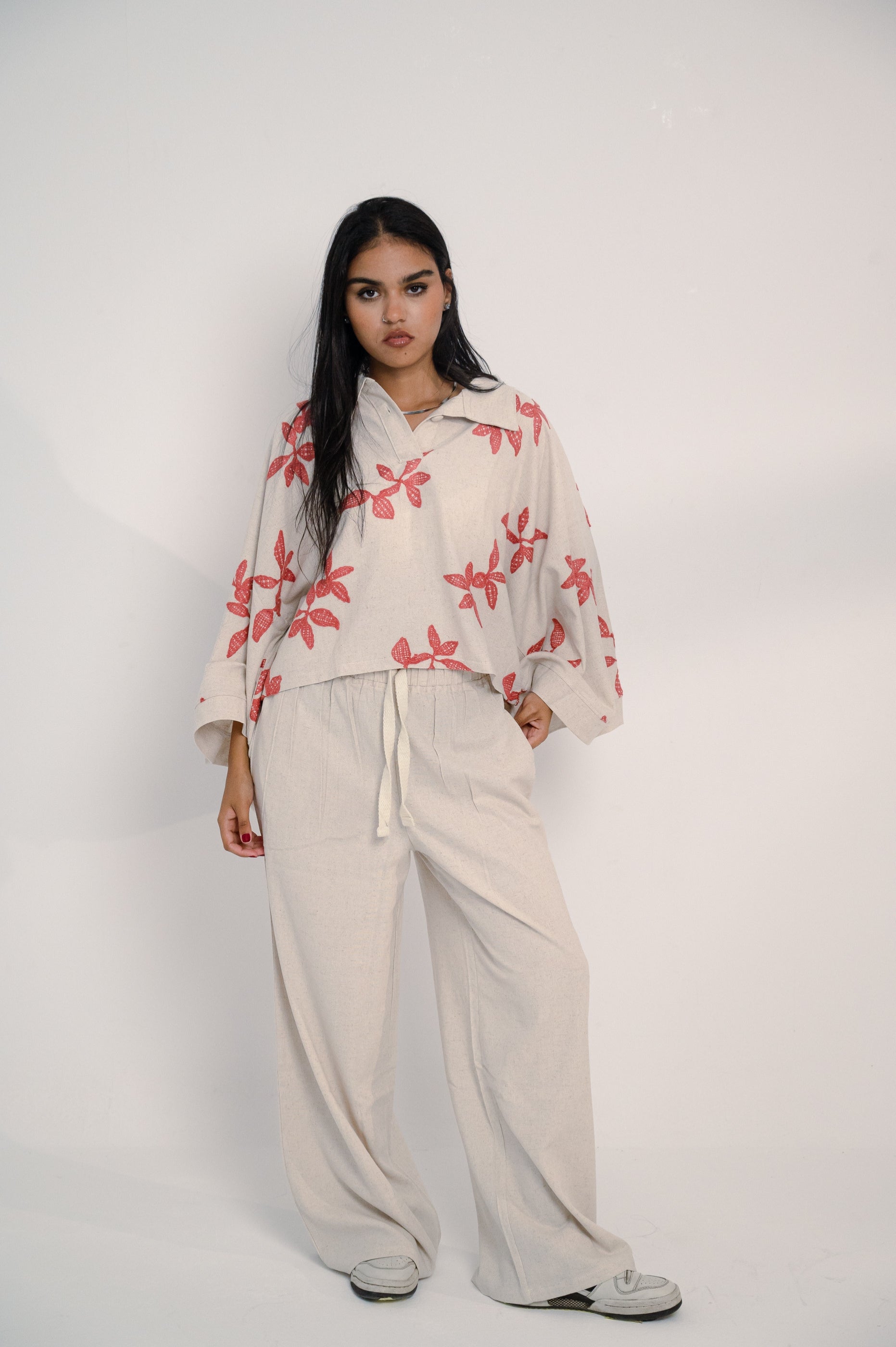 Oversized Linen Set with Leaf Embroidery - Red Shirt & Plain Pants