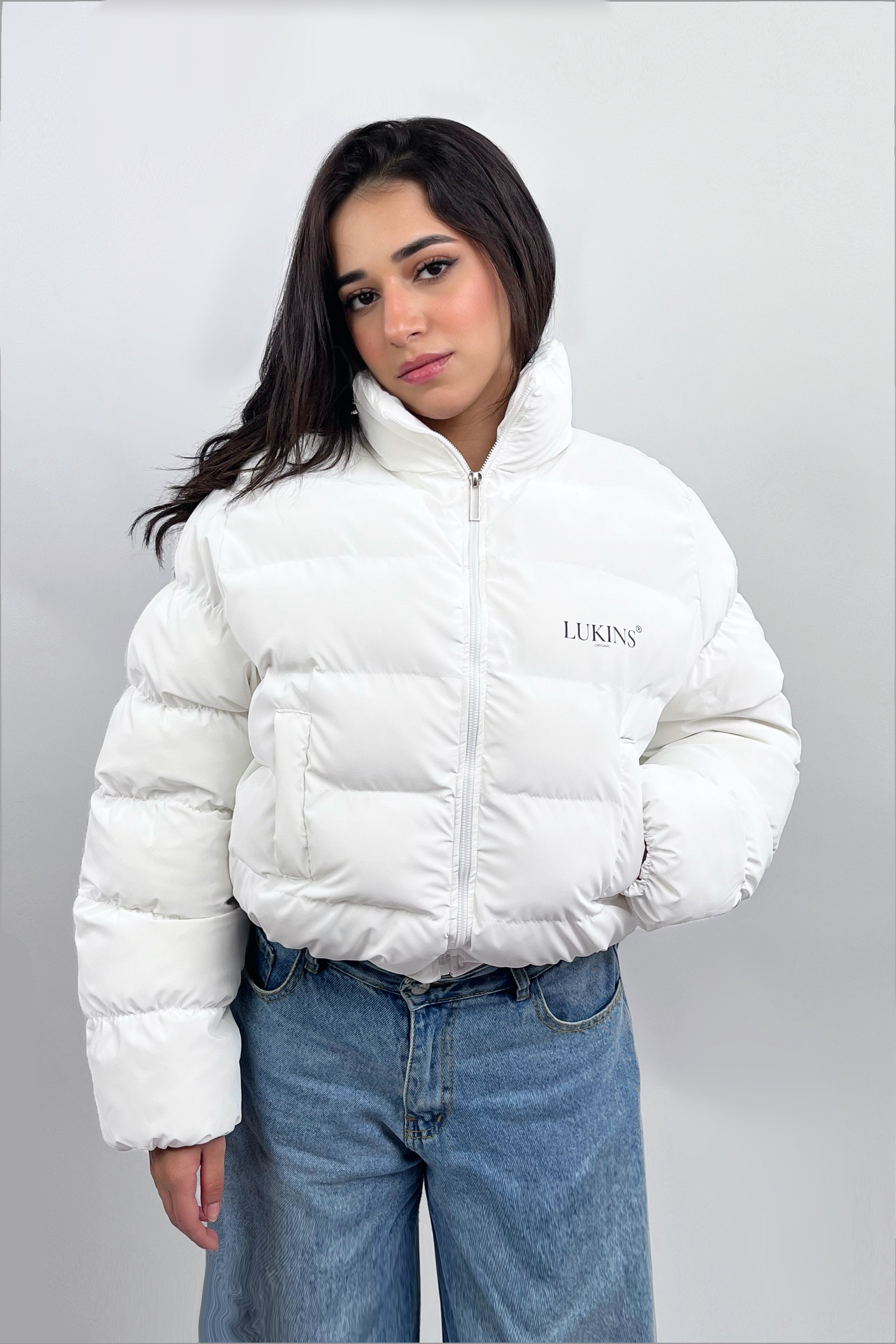 Cropped Puffer Jacket in White Waterproof