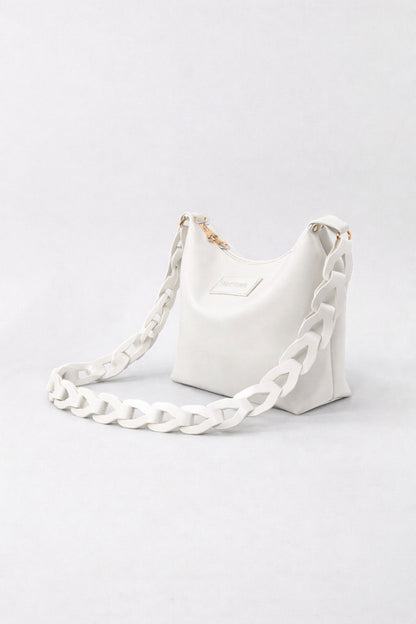 Women’s White Shoulder Bag with Bold Chain