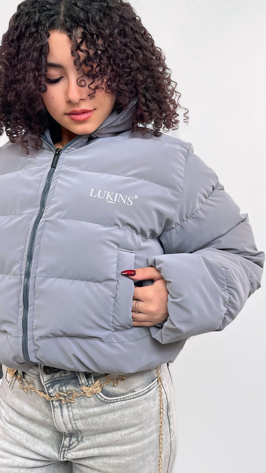 Cropped Puffer Jacket in Grey Waterproof