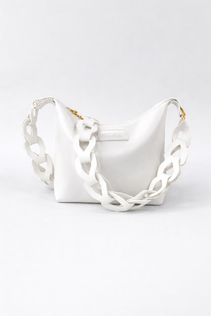 Women’s White Shoulder Bag with Bold Chain