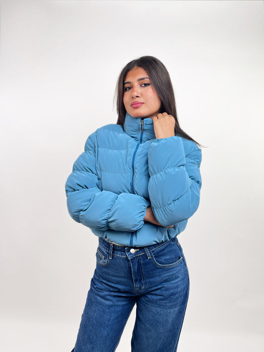 Cropped Puffer Jacket in Teal Blue Waterproof