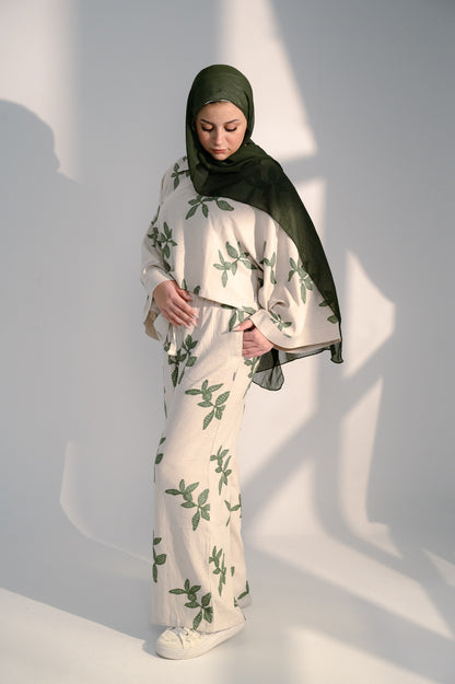 Oversized Linen Set with Leaf Embroidery - Green Shirt & Pants
