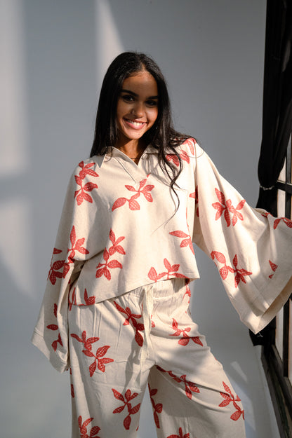 Oversized Linen Set with Leaf Embroidery - Red Shirt & Pants